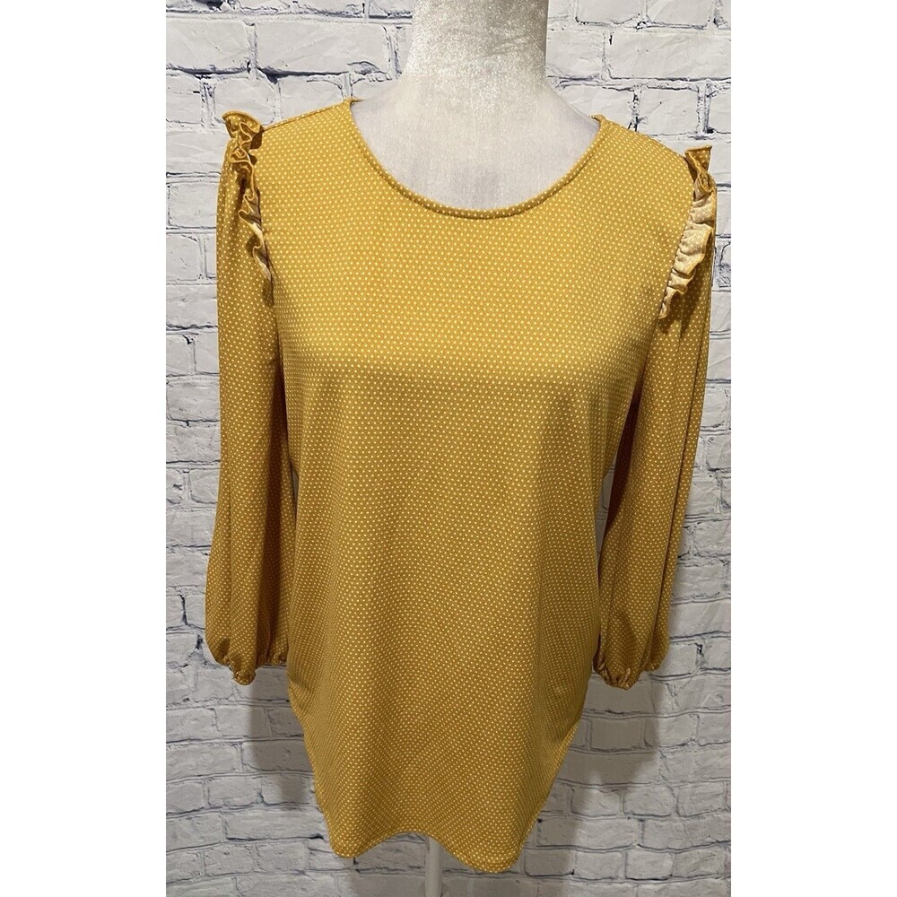 Adrianna Papell Long Sleeve Ruffle Shoulder Polka Dot Top Blouse Size Medium